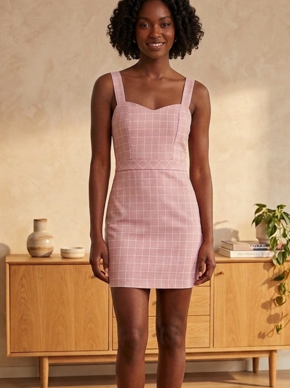 EVERLY JUNE Pink Plaid Knit Tank Sun Dress Checkered Stretch Women’s Medium - Picture 7 of 9